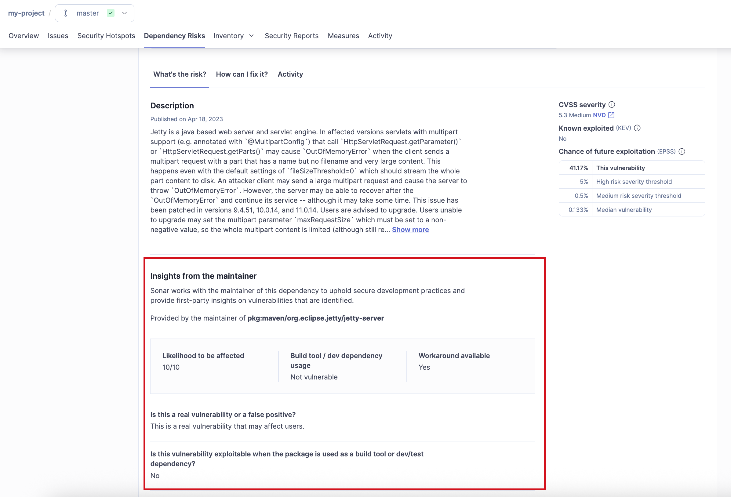Insights from the maintainer in the detailed view of the dependency risks tab. Insights from the maintainer in the detailed view of the dependency risks tab.