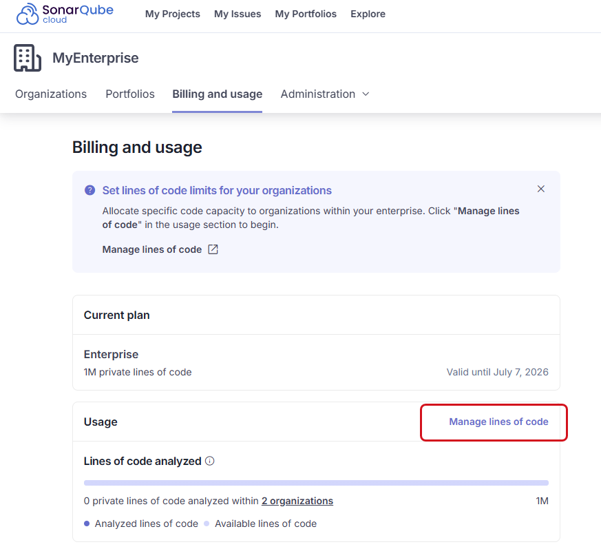 Select Manage lines of code in front of Usage to set up your enterprise LOC limits. Select Manage lines of code in front of Usage to set up your enterprise LOC limits.
