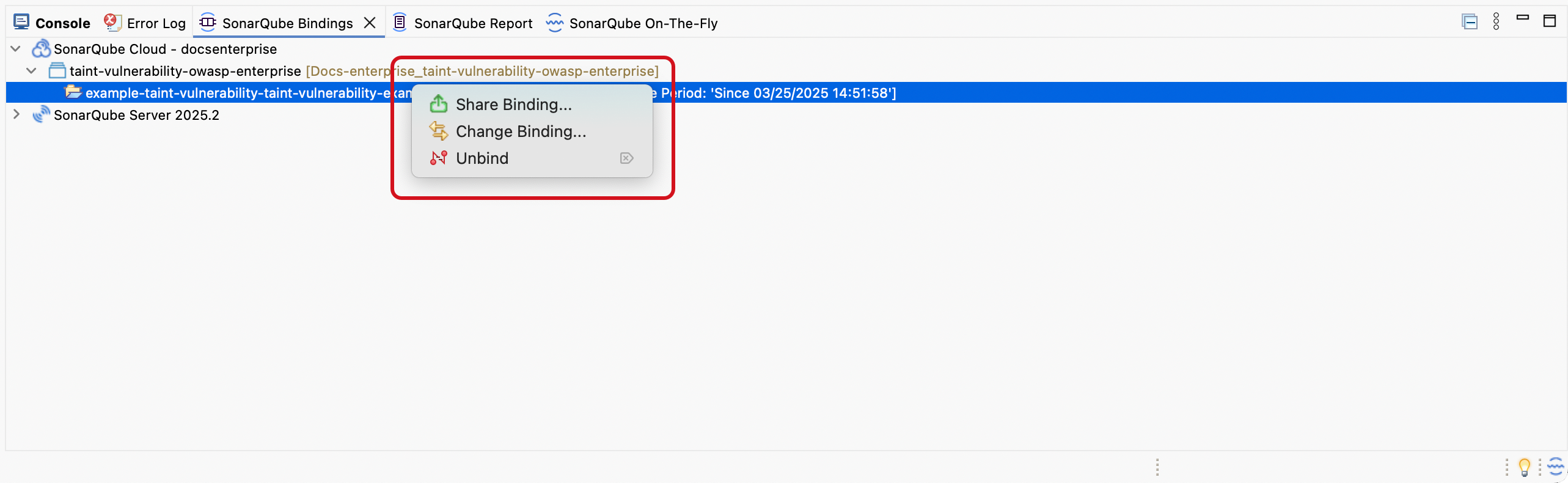 You can view and manage your connections and bindings in the SonarQube Bindings view.