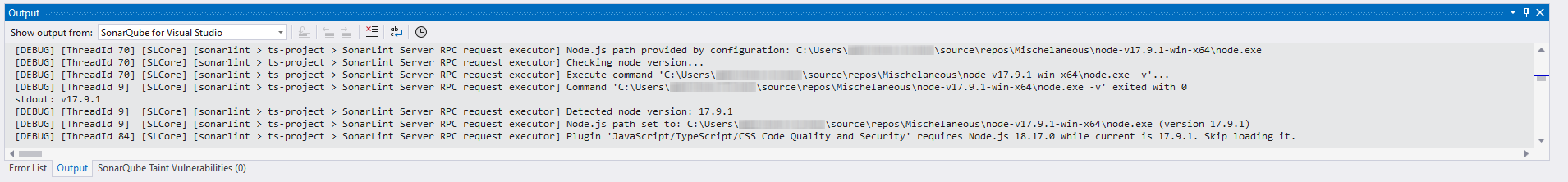Your Output window will look similar if a compatible Node.js version is not found by SonarQube for Visual Studio Your Output window will look similar if a compatible Node.js version is not found by SonarQube for Visual Studio
