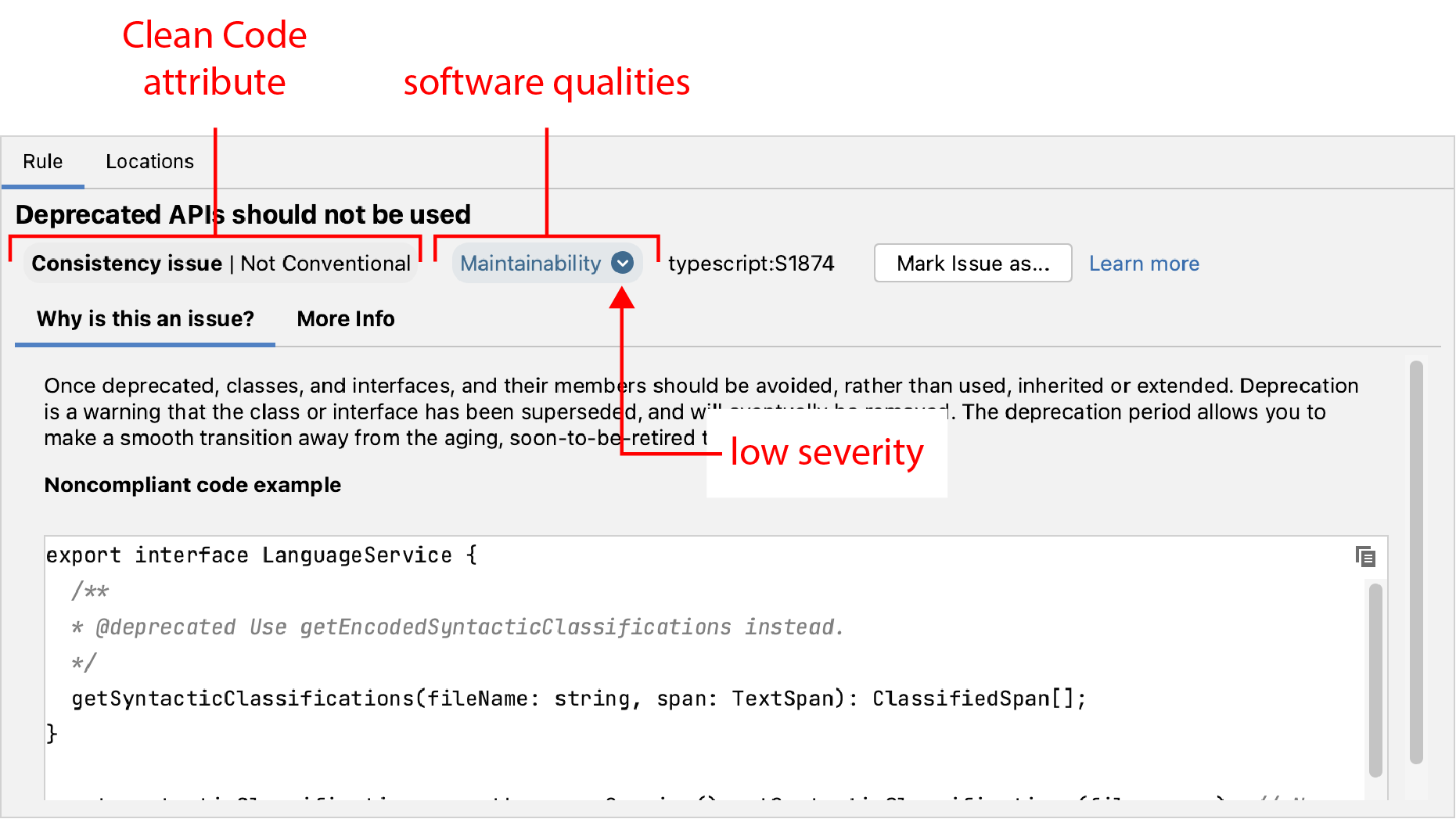 Clean Code attributes and software qualities as they appear in the SonarQube for IDE Rule view tab. Your actual view may be different because when running in connected mode with SonarQube Server, the server's mode is respected.