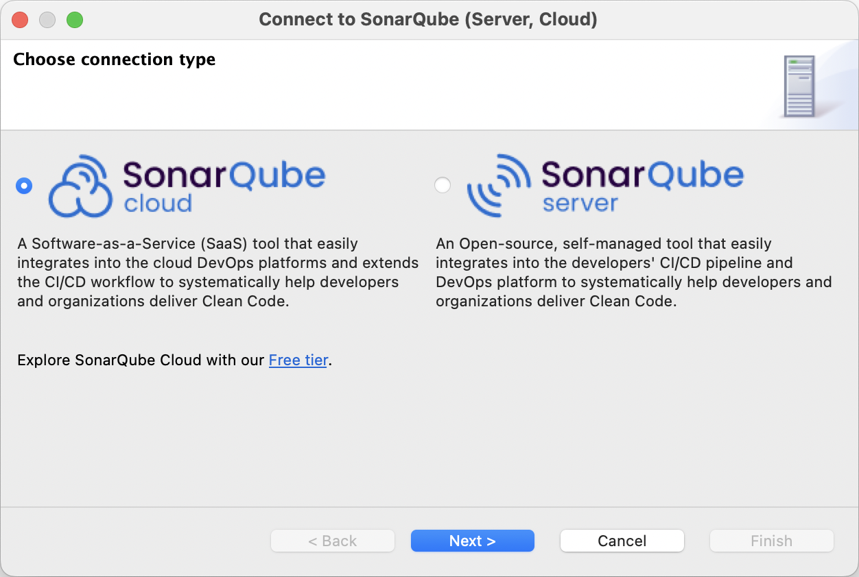Choose SonarQube Cloud and add your Token and Organization details to set up your connection with SonarQube for Eclipse.