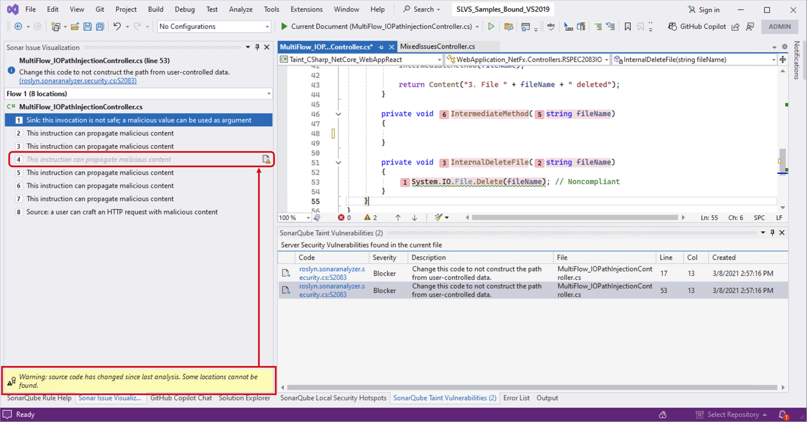 The Sonar Issue Visualization window will reveal more information about issues with secondary locations. This screenshot shows a non-navigable location, where the source code does not match what's found on the server. The Sonar Issue Visualization window will reveal more information about issues with secondary locations. This screenshot shows a non-navigable location, where the source code does not match what's found on the server.