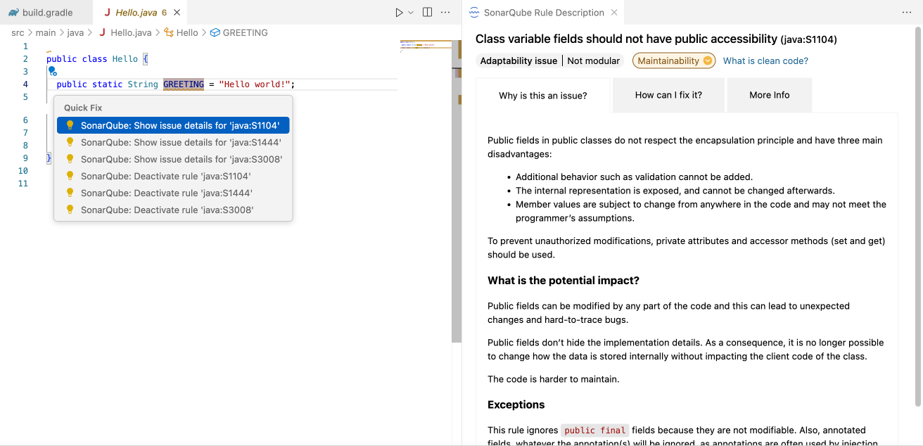 If your code violates multiple rules, multiple quick fixes will be shown. If your code violates multiple rules, multiple quick fixes will be shown.