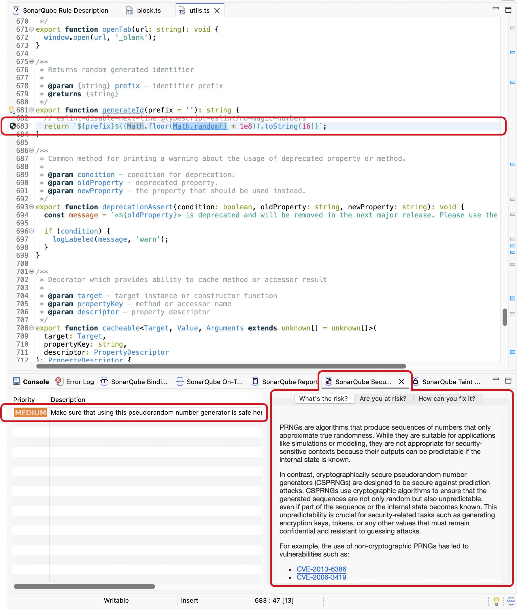 Viewing a security hotspot in Eclipse helps you asses its priority and provides information about fixing the issue.