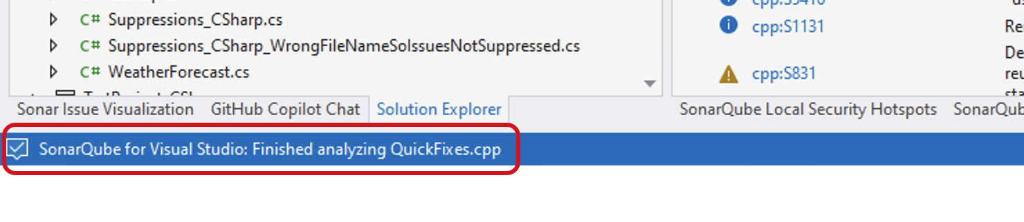 The Visual Studio status bar will update when SonarQube for Visual Studio has finished the analysis. The Visual Studio status bar will update when SonarQube for Visual Studio has finished the analysis.