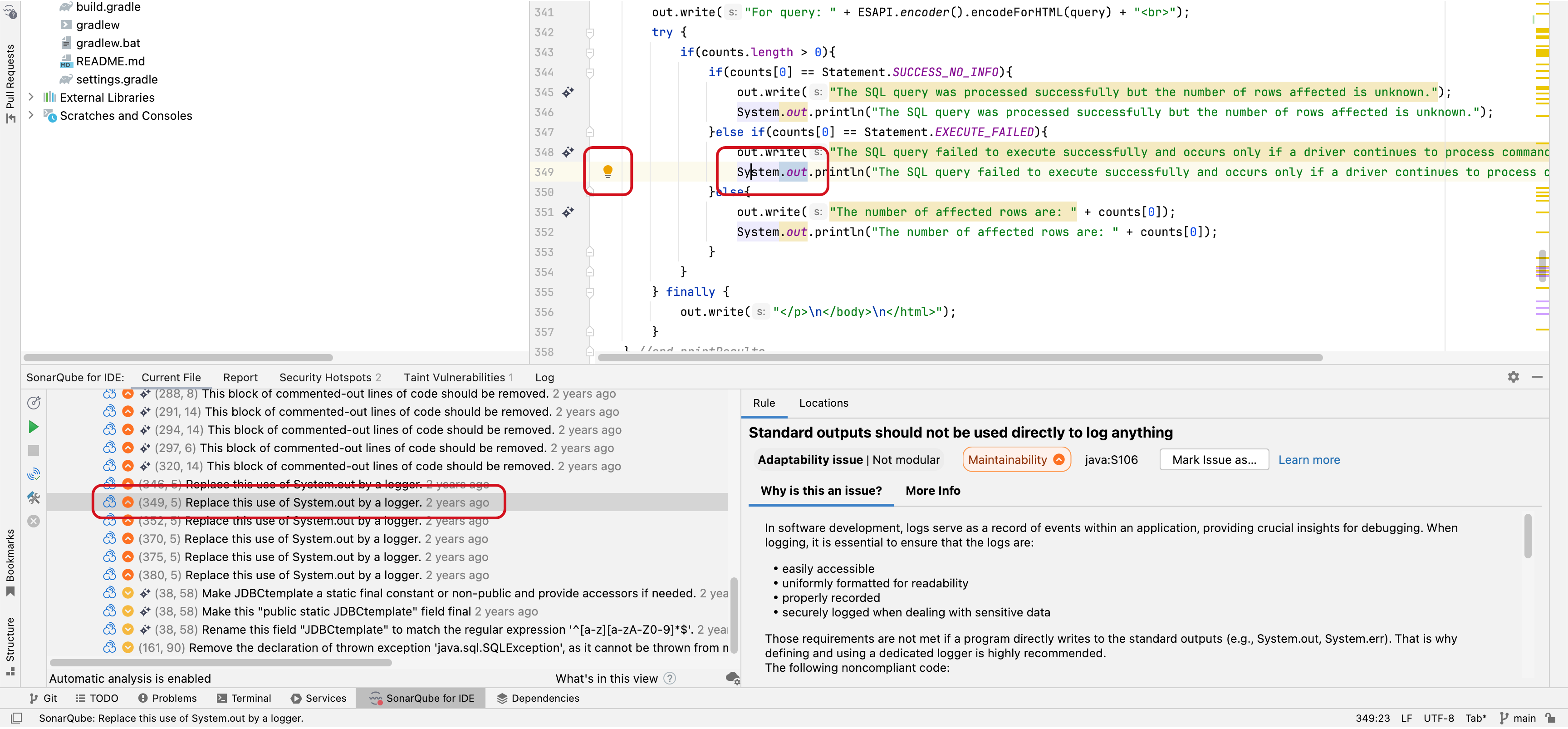 SonarQube for IntelliJ will sometimes give you tooltips to help reveal more information about your issue or offer a quick fix. SonarQube for IntelliJ will sometimes give you tooltips to help reveal more information about your issue or offer a quick fix.