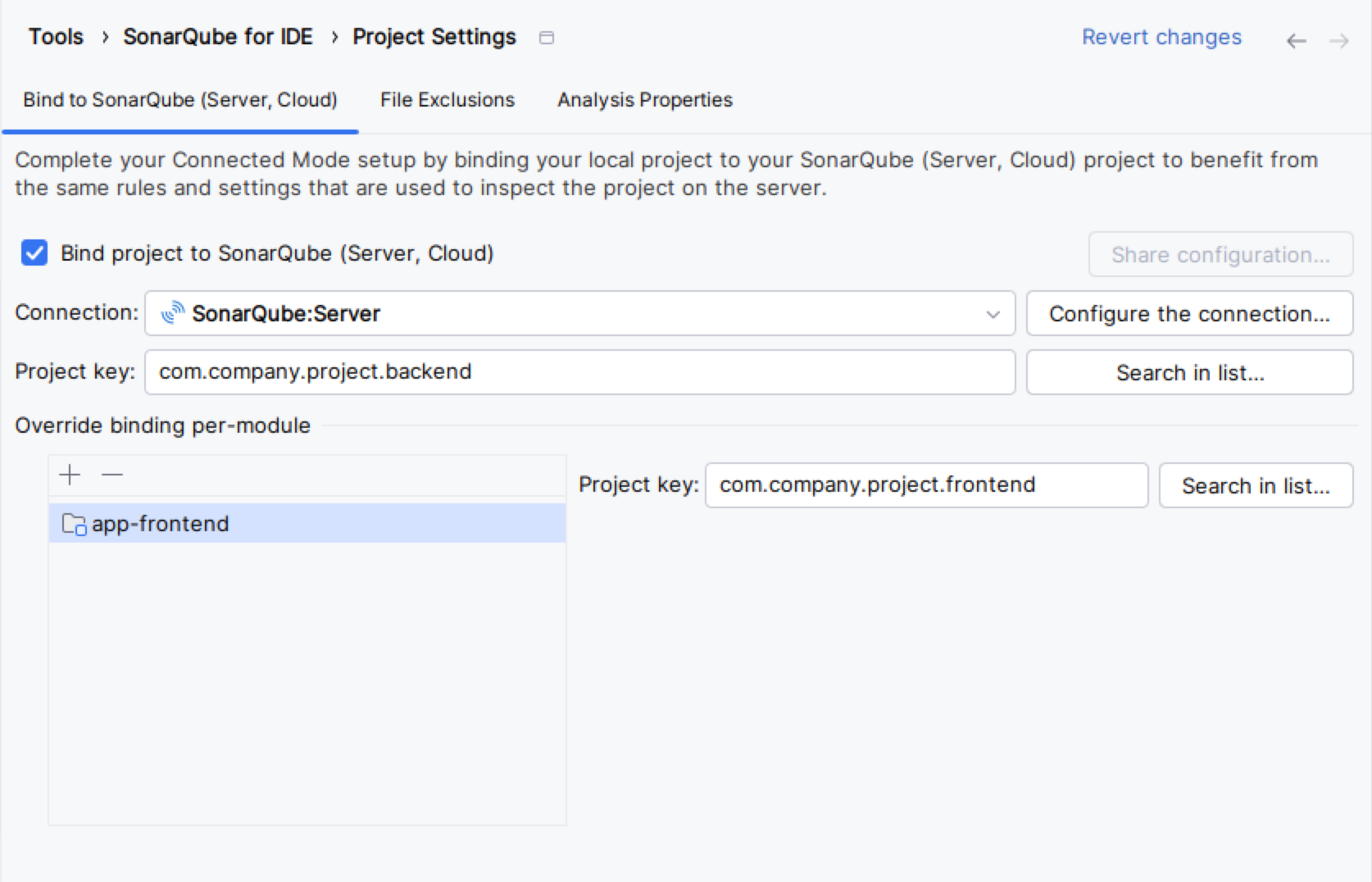 SonarQube for IntelliJ gives you the option to override your binding module, if you want. SonarQube for IntelliJ gives you the option to override your binding module, if you want.
