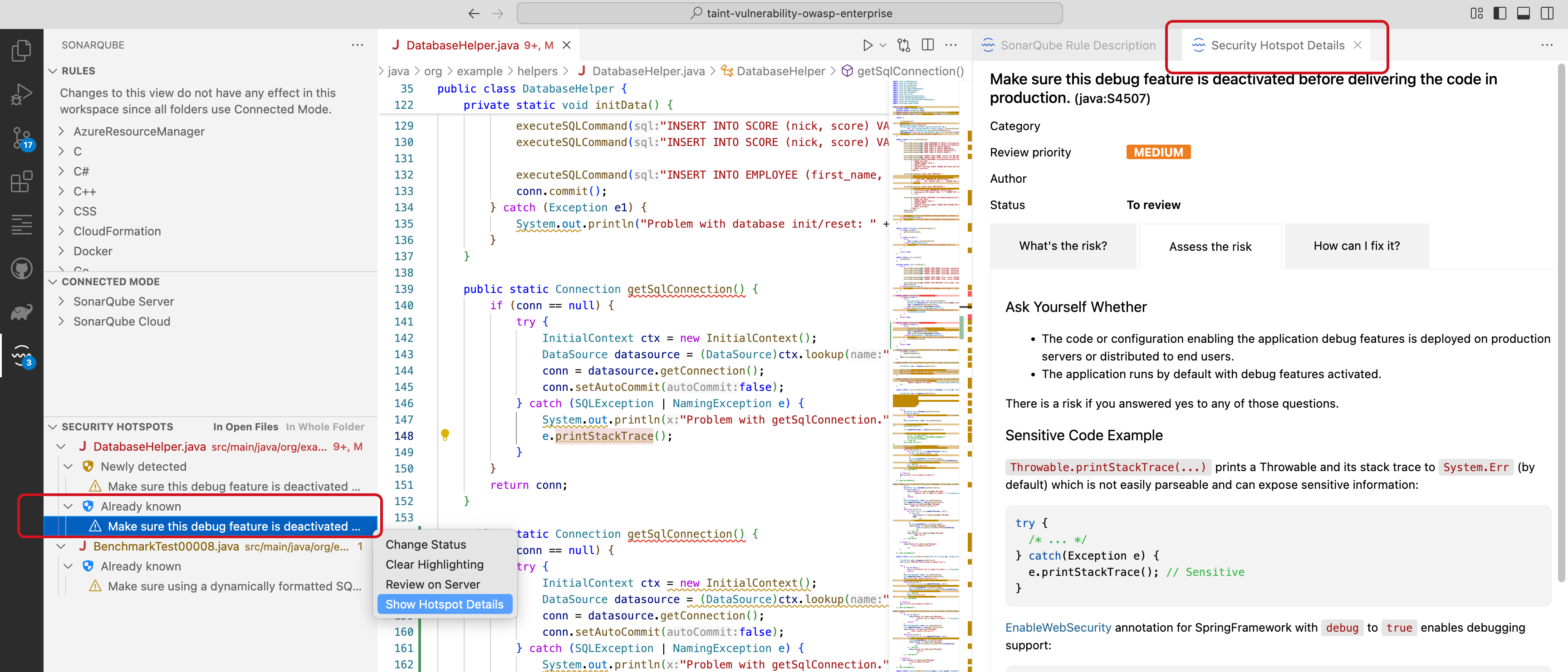 It's possible to change the status of a hotspot, clear its highlighting, open it on the server, and show the hotspot's details in SonarQube for VS Code. Any changes you make to the status will be reflected in SonarQube Server or on SonarQube Cloud. It's possible to change the status of a hotspot, clear its highlighting, open it on the server, and show the hotspot's details in SonarQube for VS Code. Any changes you make to the status will be reflected in SonarQube Server or on SonarQube Cloud.