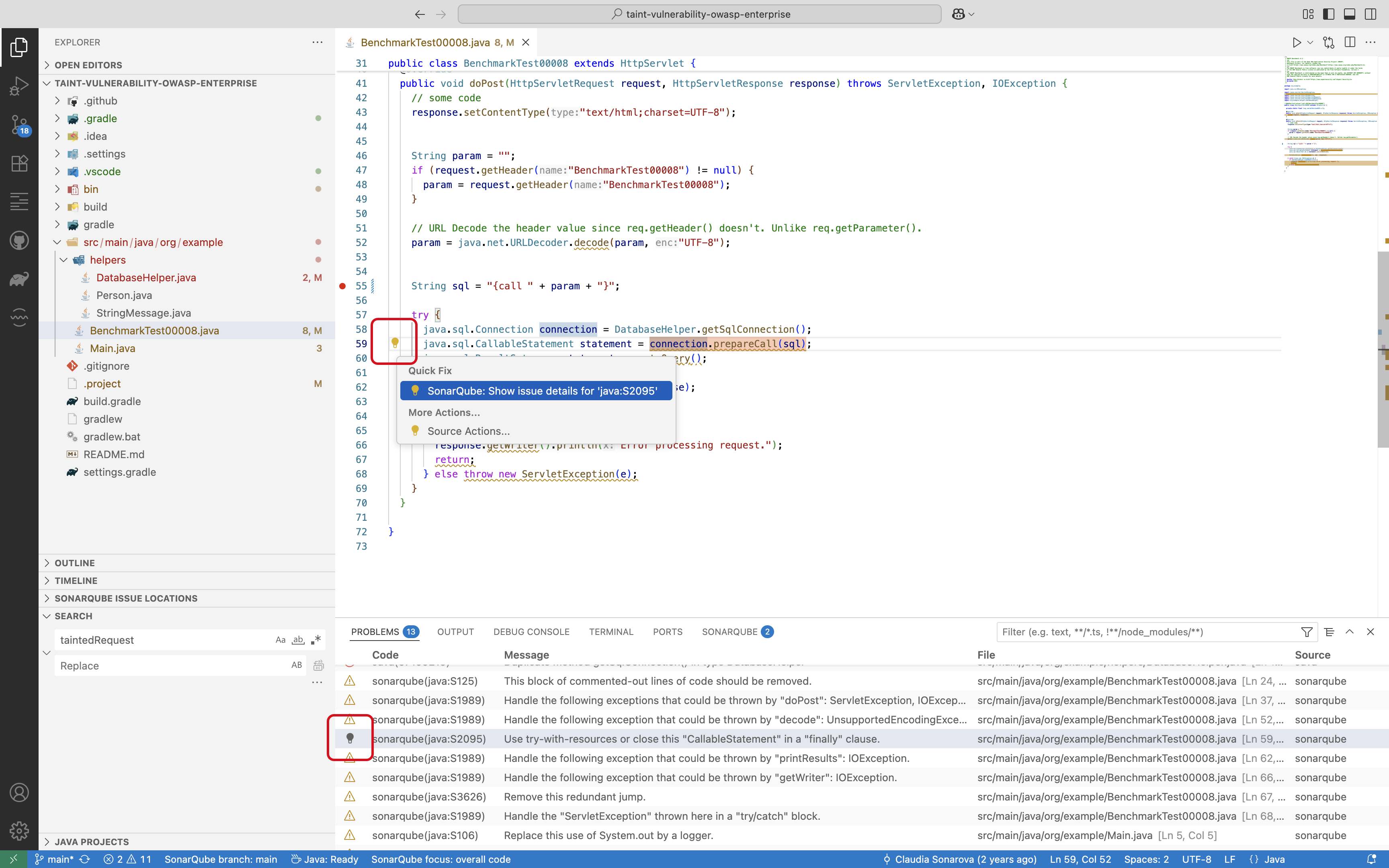 SonarQube for VS Code uses a lightbulb icon as a tooltip to reveal access to actions you can take on issues in your code.