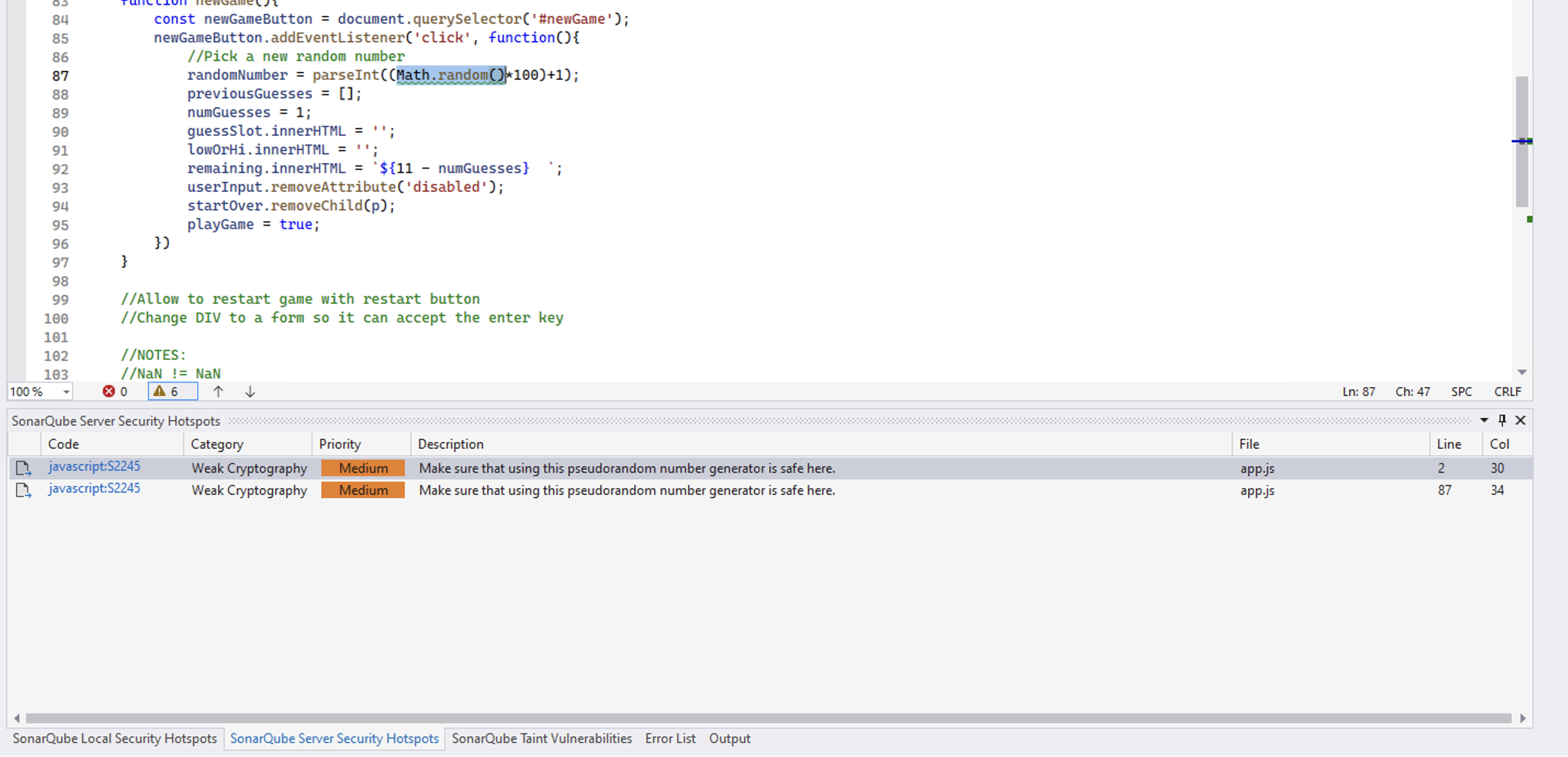 When using the Open in IDE feature from SonarQube Server, SonarQube for Visual Studio will give you more information about the hotspot in the SonarQube Server Security Hotspots tool window. When using the Open in IDE feature from SonarQube Server, SonarQube for Visual Studio will give you more information about the hotspot in the SonarQube Server Security Hotspots tool window.