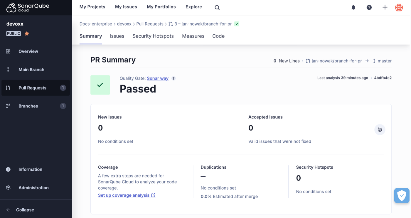 Pull request quality gate results