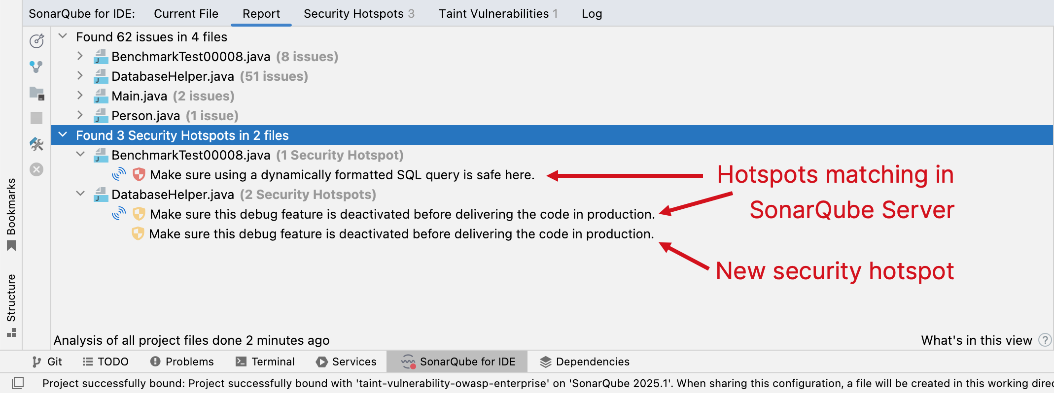 SonarQube for IntelliJ will show you an additional SonarQube Server or Cloud icon to show you if it's known by the server, or if it's a newly introduced security hotspot. SonarQube for IntelliJ will show you an additional SonarQube Server or Cloud icon to show you if it's known by the server, or if it's a newly introduced security hotspot.