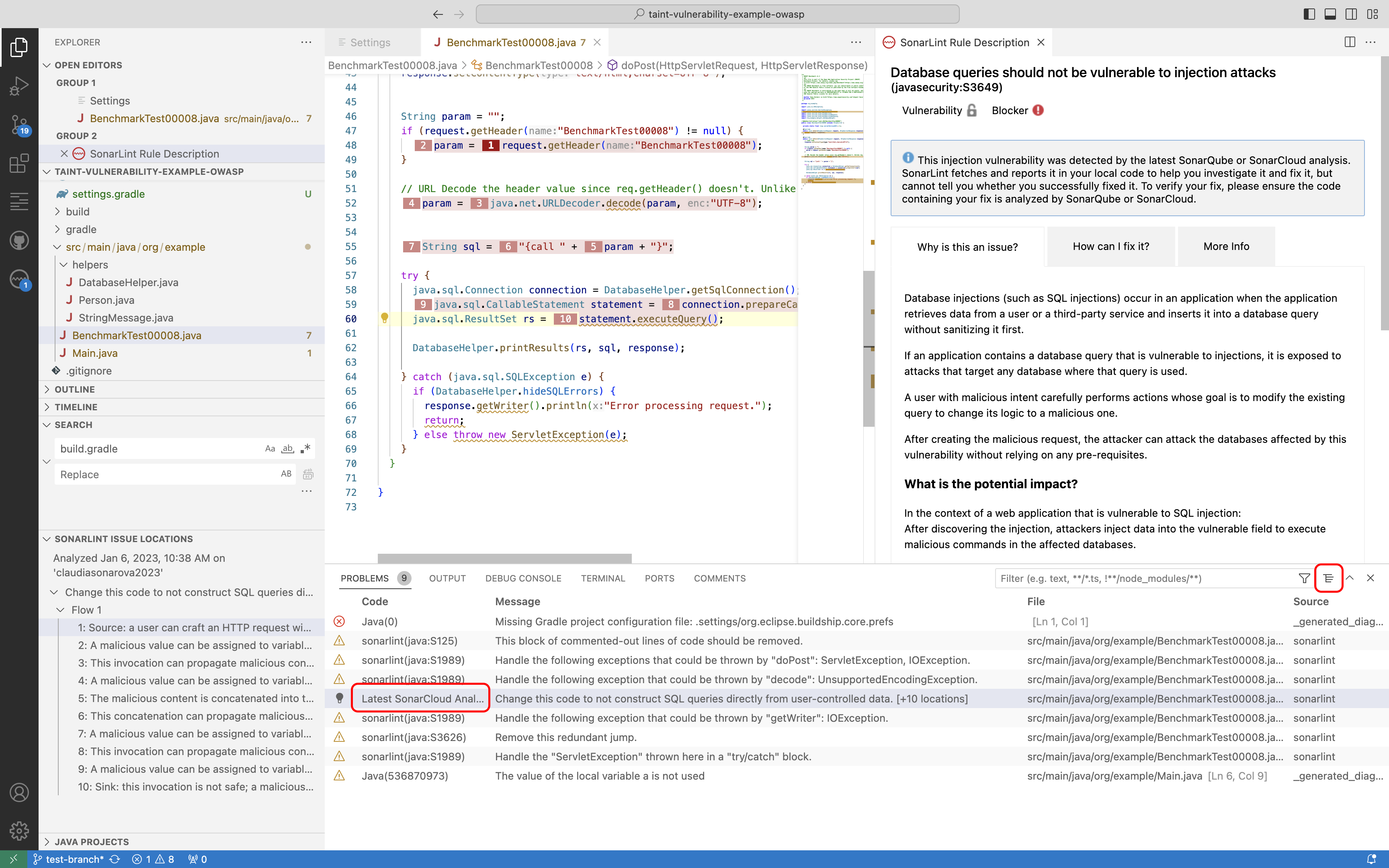 Taint vulnerabilities are also shown in the Problems tab. Taint vulnerabilities are also shown in the Problems tab.