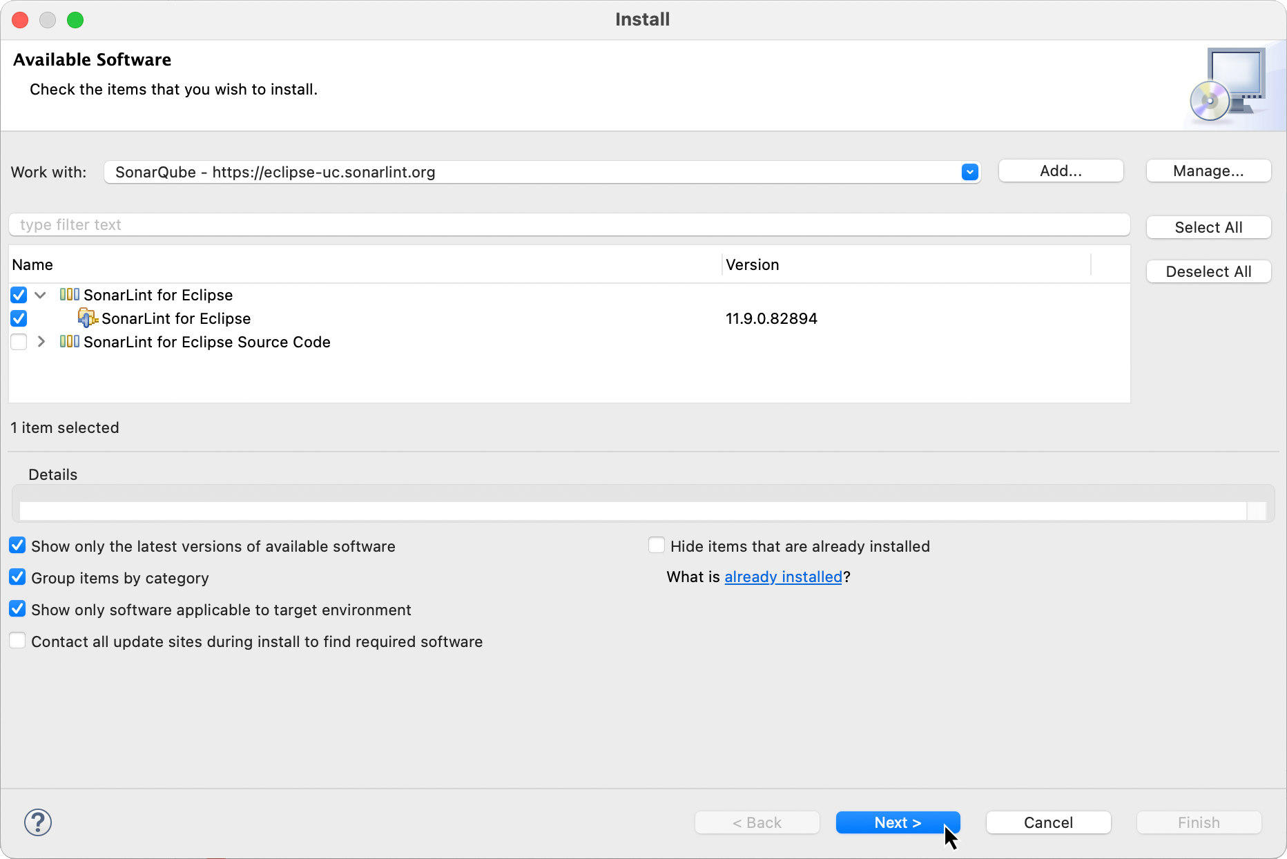 Select the SonarLint for Eclipse dependencies and packages to fit your application.