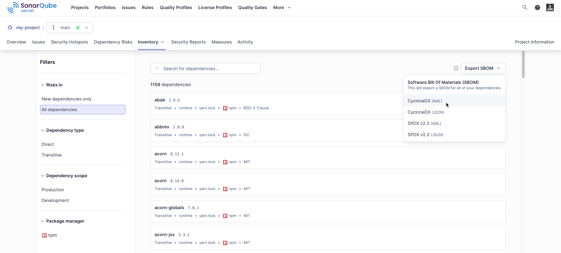 The export SBOM button on the Dependencies page. The export SBOM button on the Dependencies page.