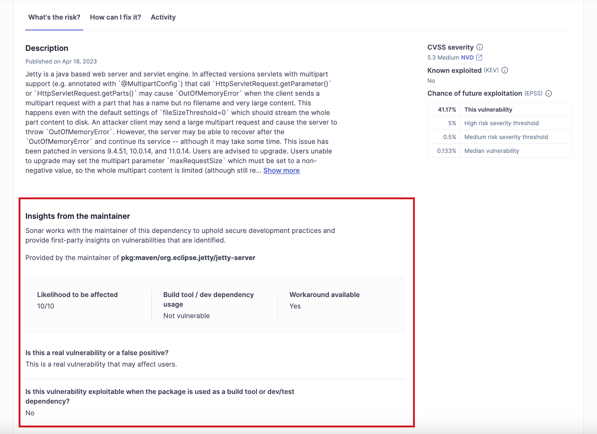 The Insights from the maintainer section in the SonarQube UI. The Insights from the maintainer section in the SonarQube UI.