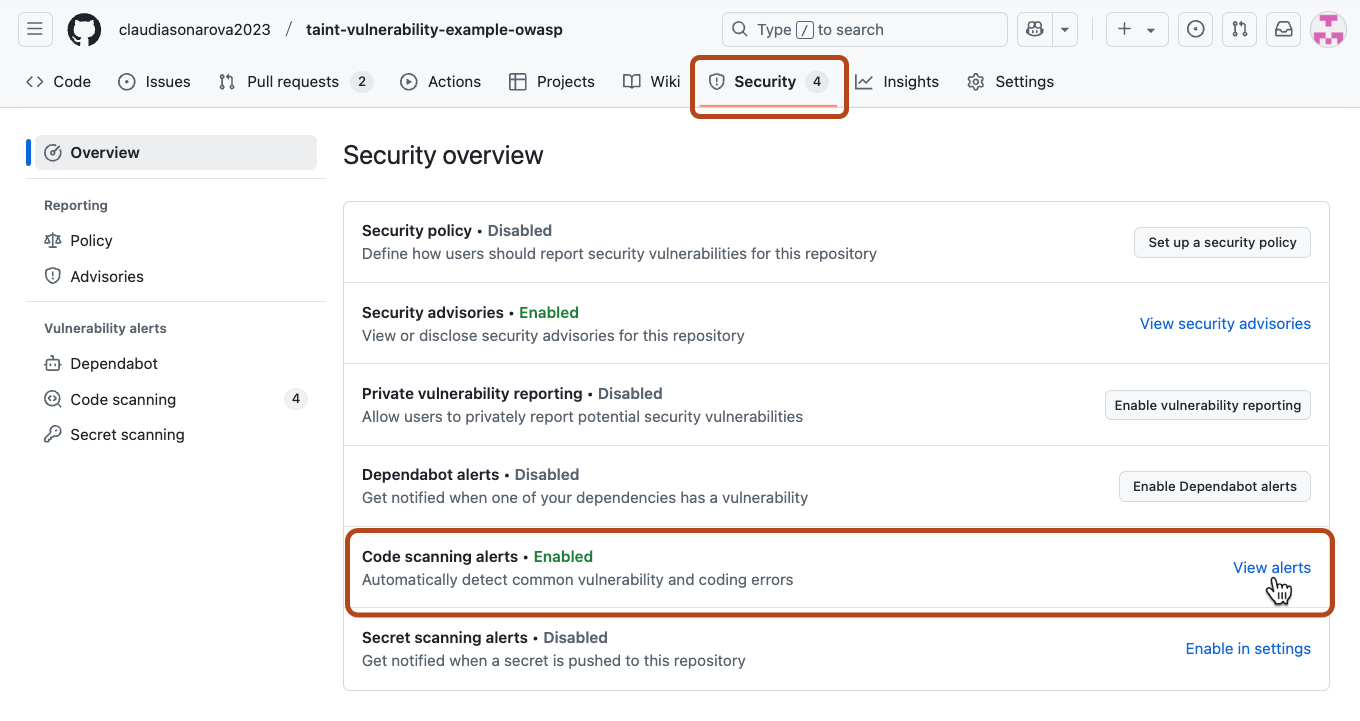 Security alerts in Github