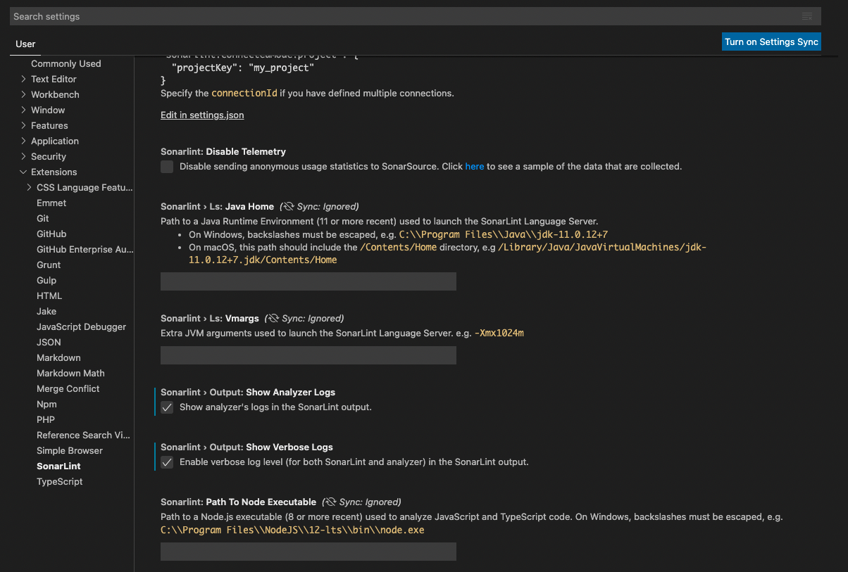 Where to turn on the Analysis logs and Verbose output when troubleshooting SonarLint for VS Code.