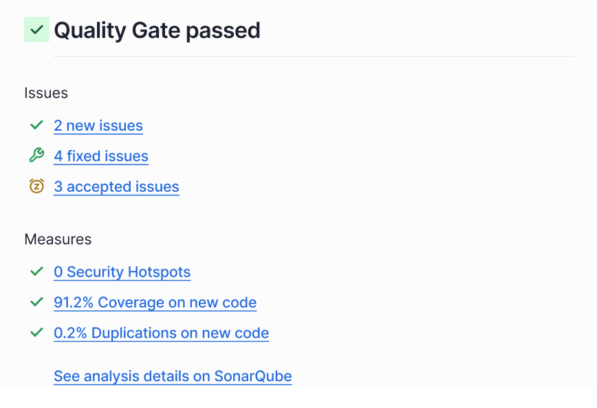 Summary of the results and the quality gate status on a PR. Summary of the results and the quality gate status on a PR.