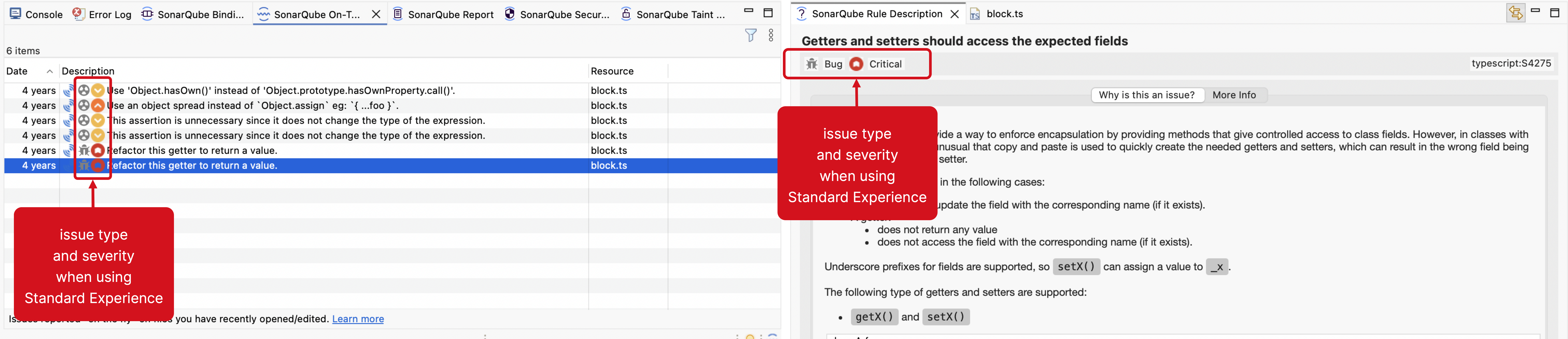 SonarQube for Eclipse showing issue types and severities while in connected mode with SonarQube Server when the mode is set to Standard Experience.