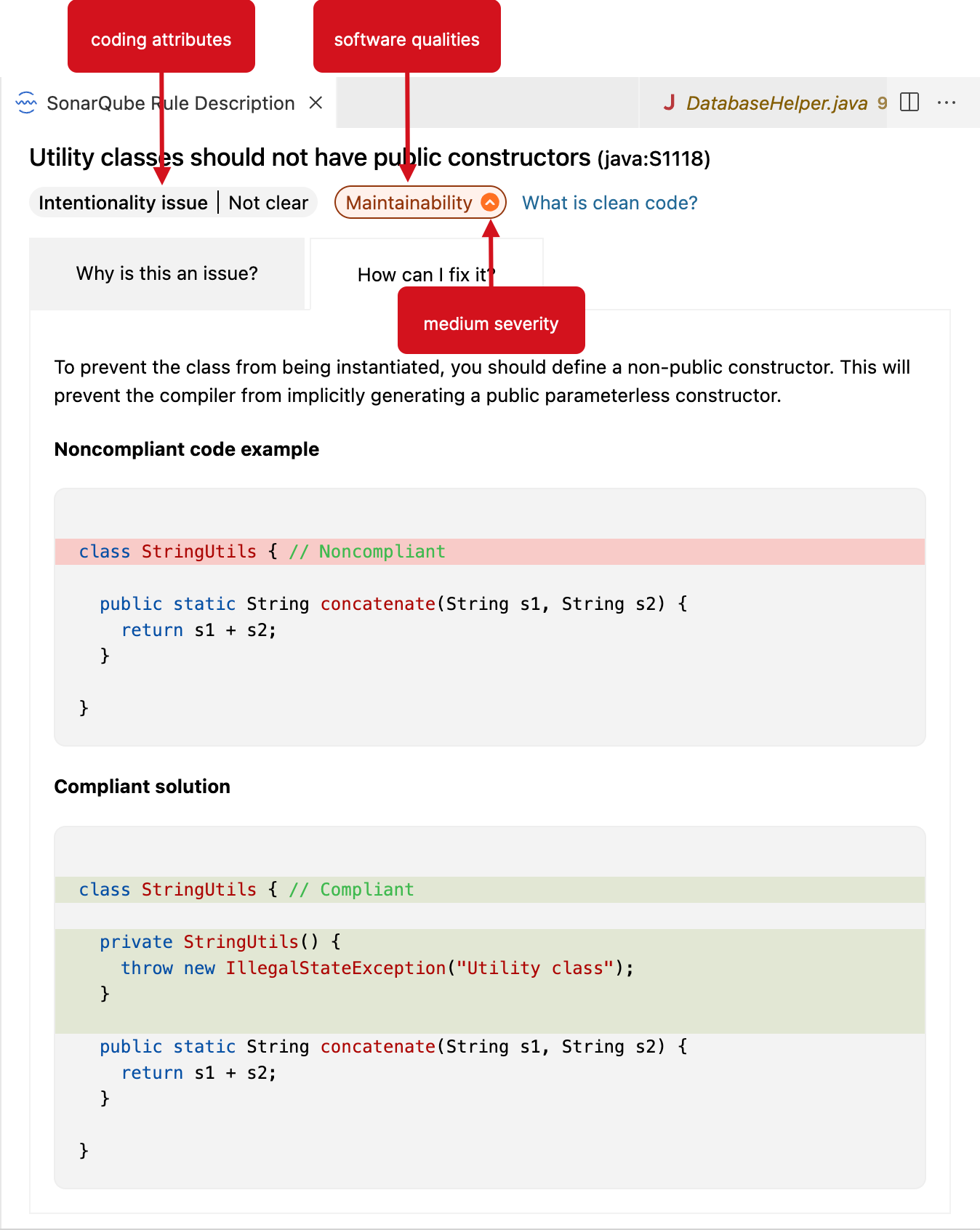 Coding attributes and software qualities appear in the SonarQube Rule Description view. Your actual view may be different because when running in connected mode with SonarQube Server, the server's mode is respected.