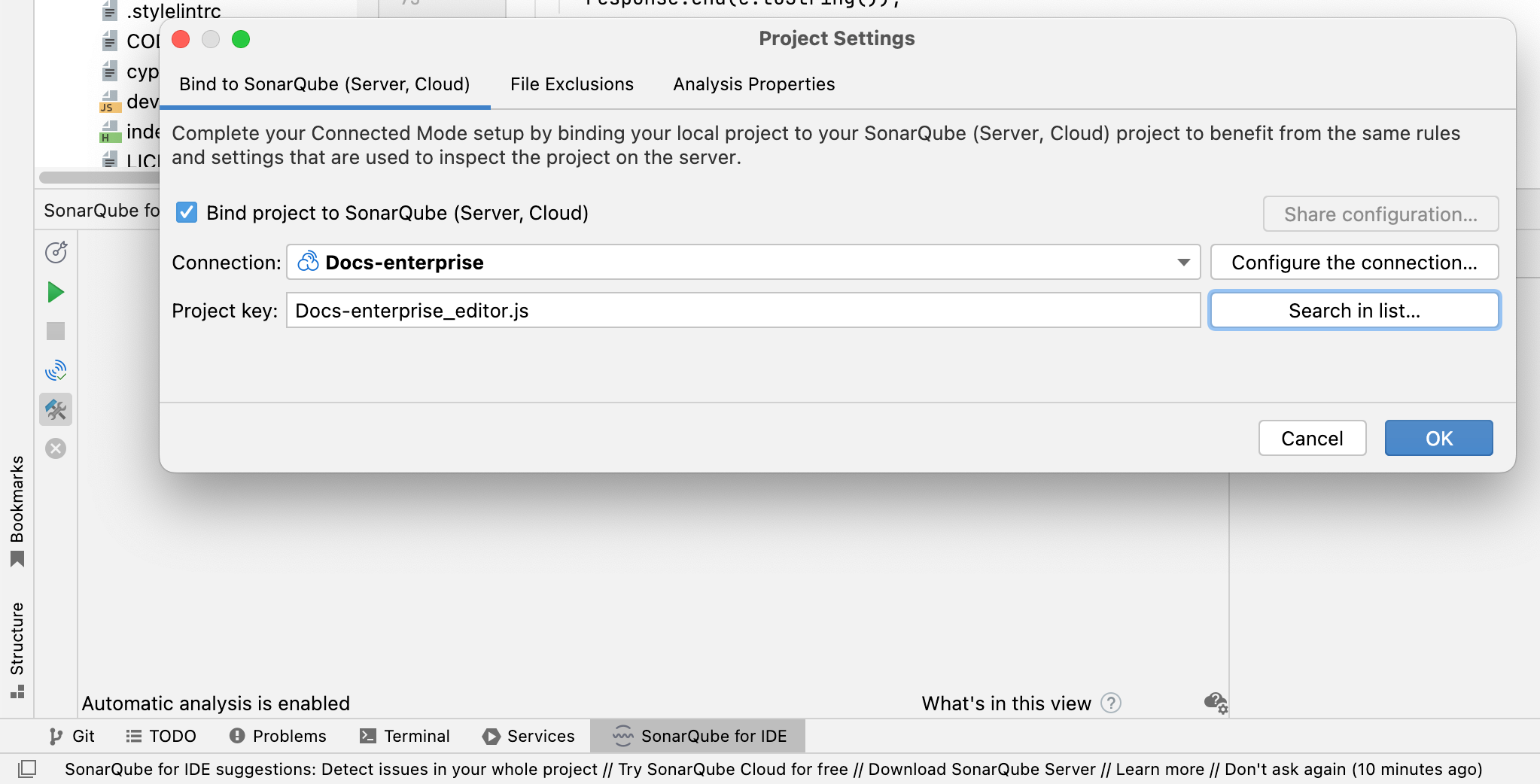 You can enter your Project key directly into the field, or use the search function to find it in a list of projects in your SonarQube (Server, Cloud) Organization. You can enter your Project key directly into the field, or use the search function to find it in a list of projects in your SonarQube (Server, Cloud) Organization.