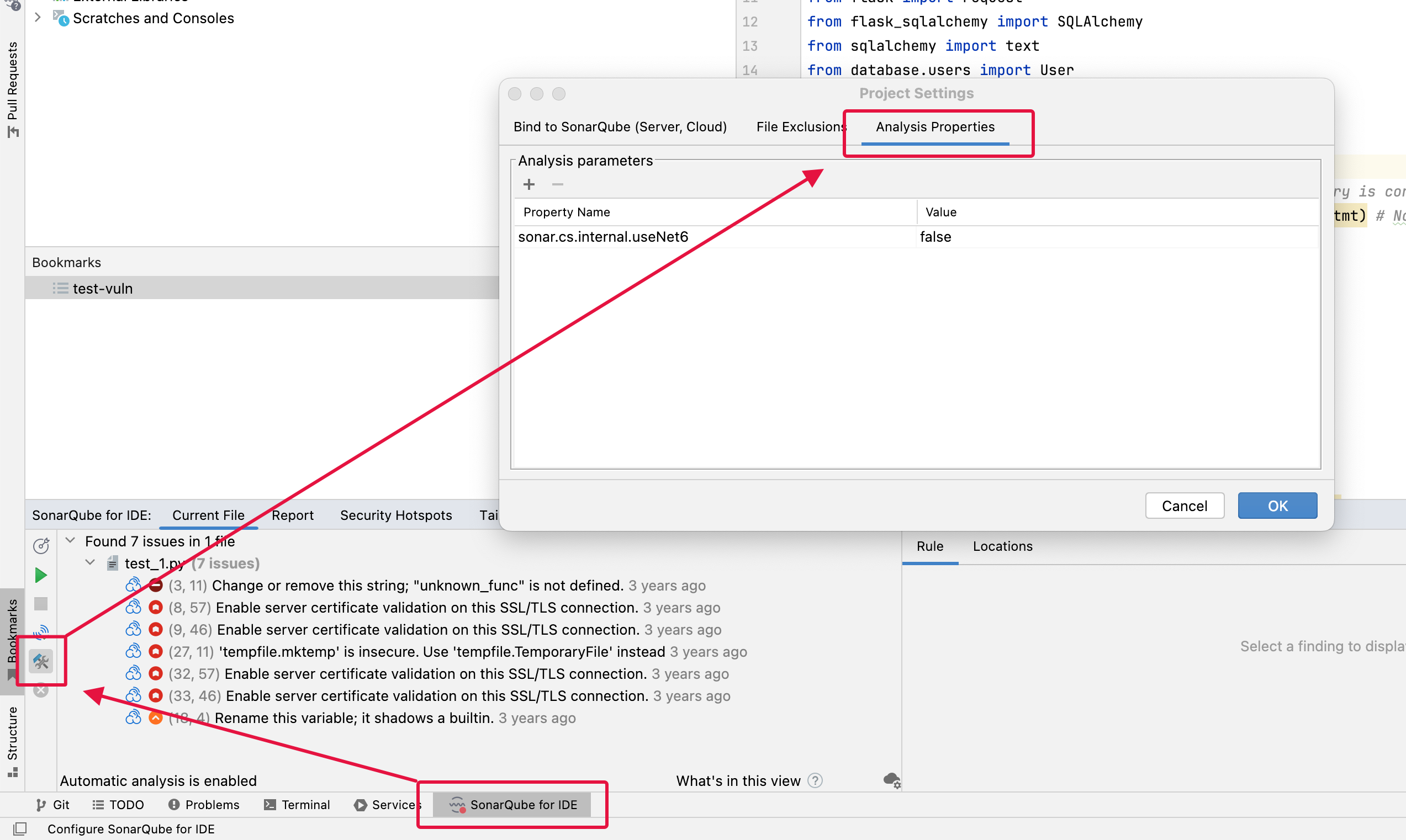 Go to "Configure SonarQube for IDE" > "Analysis Properties" to set your property configurations manually. Go to "Configure SonarQube for IDE" > "Analysis Properties" to set your property configurations manually.