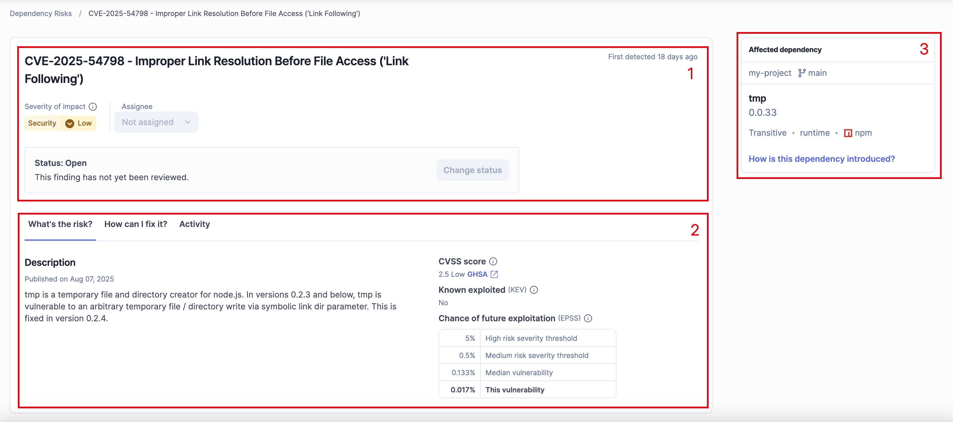 A dependency's detailed view in SonarQube Cloud. A dependency's detailed view in SonarQube Cloud.