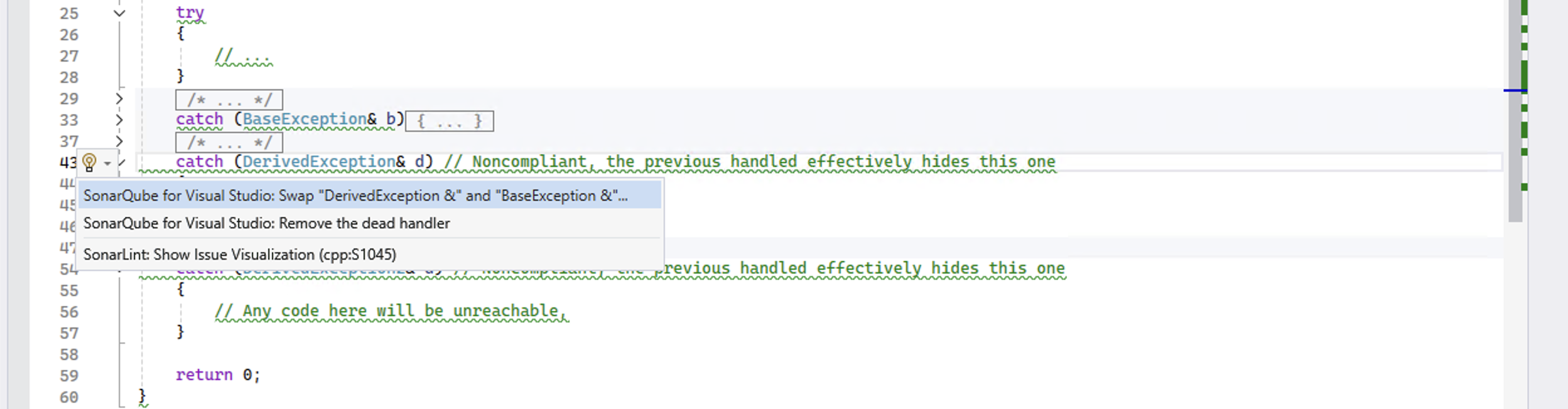 The SonarQube for Visual Studio quick fix menu will pop up when you click on the lightbulb. The SonarQube for Visual Studio quick fix menu will pop up when you click on the lightbulb.