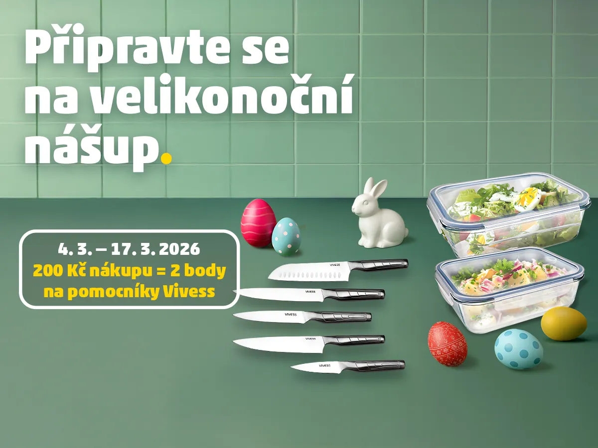 Kampaň VIVESS na nože a dózy na potraviny s velikonočními dekoracemi. Text na banneru: 'Připravte se na velikonoční nášup. 4. 3. – 17. 3. 2026. 200 Kč nákupu = 2 body na pomocníky VIVESS.'