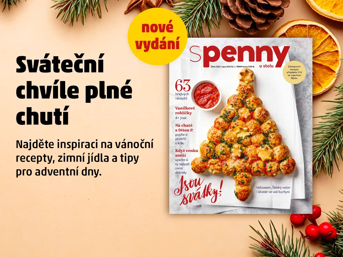 Úvodní banner s obálkou časopisu Penny, který zobrazuje vánoční stromek z pečených kuliček na pozadí se zimními dekoracemi, jako jsou větvičky borovice, plátky sušené pomeranče a hvězdičky badyánu. Text na banneru zní 'Sváteční chvíle plné chuti', který láká na nové vydání časopisu plné inspirace na vánoční recepty, zimní jídla a tipy pro adventní dny.