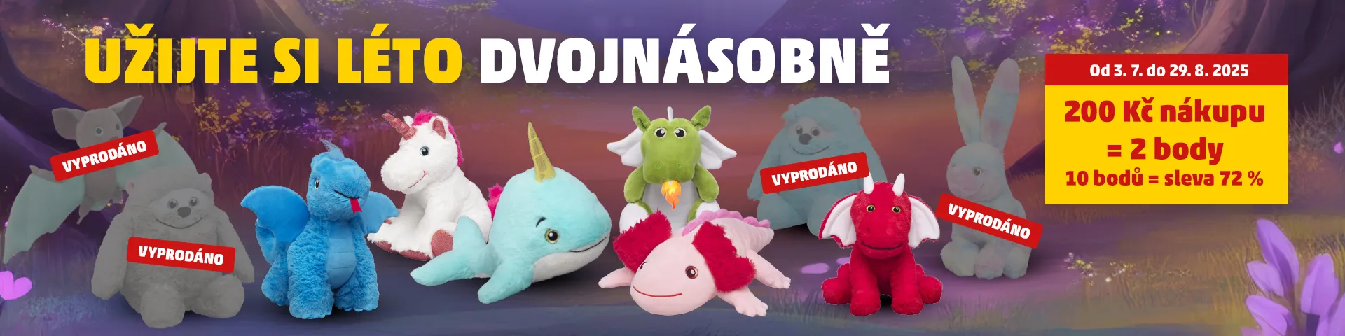 Barevný ilustrativní obrázek fantasy krajiny s kouzelným lesem, ve kterém stojí skupina fantazijních zvířátek – například jednorožec nebo zelený dráček. Netopýr, zajíček a yetti jsou označeni nálepkou „Vyprodáno“ a zobrazeni zašedle. Pozadí je laděno do pastelových barev, evokujících pohádkovou atmosféru. Obrázek propaguje sběratelskou akci „Zvířátka z říše fantazie“.