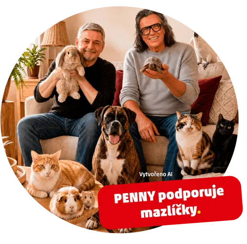 AI vizuál Richarda Genzera a Michala Suchánka s mazlíčky. Text: „PENNY podporuje mazlíčky.“ Vizuál byl vytvořen pomocí AI.