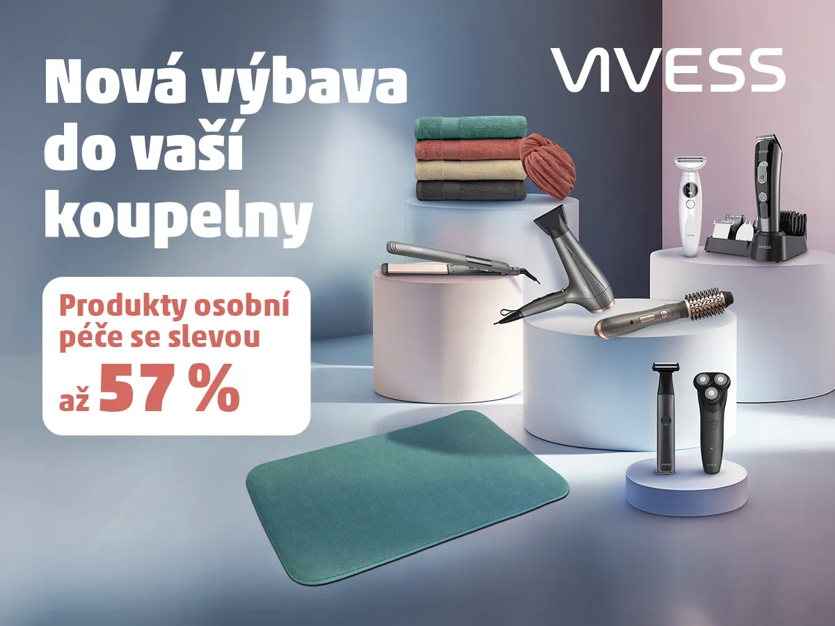 Úvodní banner s produkty osobní péče Vivess do koupelny se slevou až 57 procent – na bílých a světle růžových podstavcích jsou vystaveny ručníky v barvách zelené, oranžové, hnědé a béžové, dále žehlička na vlasy, fén, kulmofén a několik typů holicích strojků v černé a bílé barvě. Vlevo je velký bílý nápis na modrošedém pozadí a vpravo červený text v bílém rámečku. Pozadí obrázku je v odstínech světle modré a tmavě fialové.