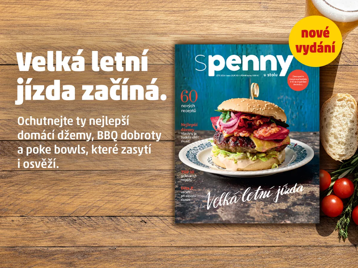 Banner magazínu S PENNY u stolu s názvem "Velká letní jízda začíná". Na obálce je obrázek hamburgeru a text o nejlepších domácích džemech, BBQ dobrotách a poke bowls, které zasytí a osvěží.