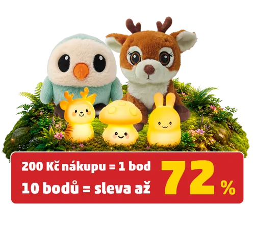 Plyšová sova a srnka s lampičkami z věrnostní kampaně PENNY Kouzelný les. Za každých 200 Kč nákupu získáte 1 bod, za 10 bodů slevu až 72 % na produkty z kampaně.