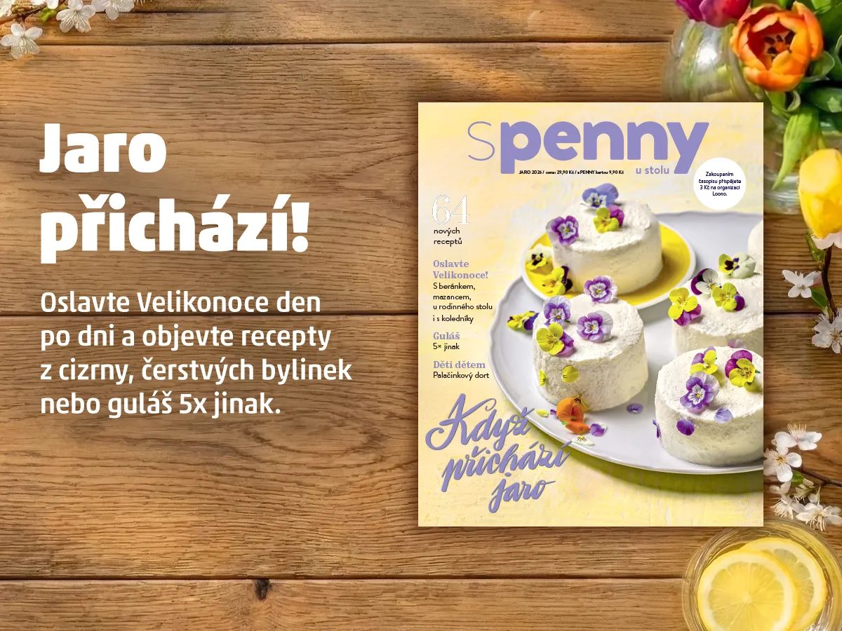 Úvodní banner k časopisu s PENNY u stolu: jarní vydání s titulní stranou, recepty z čerstvých bylinek a guláš 5x jinak, oslava Velikonoc.