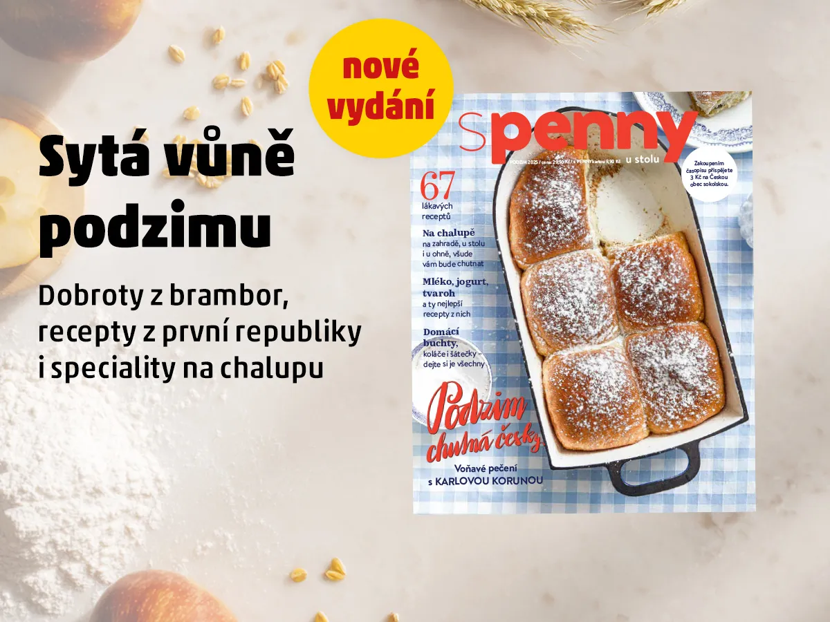 Banner propagující nové vydání časopisu S PENNY u stolu s titulkem „Sytá vůně podzimu“. Na obálce je obrázek čerstvě upečených domácích buchet s moučkovým cukrem. Titulky v časopisu se zaměřují na recepty z brambor, pokrmy z první republiky a speciality na chalupu.