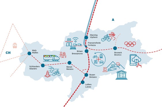 Der SüdtirolPlan für die Mobilität bündelt alle Maßnahmen im Bereich und soll anhand von 7 Meilensteinen zu mehr nachhaltiger Mobilität führen. Diese 7 Meilensteine lauten: 1. Schiene als Rückgrat des Öffentlichen Verkehrs, 2. Fahrradmobilität, 3. Intermodalität, 4. Digitalisierung, 5. Brenner Digital Green Corridor, 6. Straßeninfrastruktur, 7. Aufwertung von sensiblen Gebieten. (Infografik: Katrin Gruber)