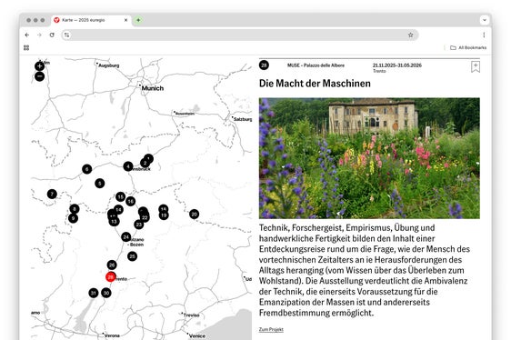 Landkarte auf der Museumsjahr-Website: Hier findet man alle Standorte in Tirol, Südtirol und im Trentino samt Projektbeschreibung und Termine. (Foto: Euregio)