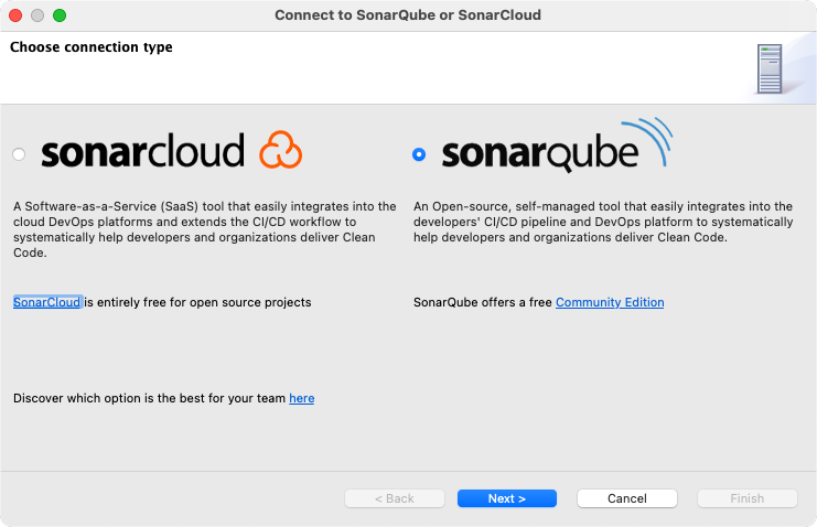 Choose SonarQube and add server details to set up your connection with SonarLint.
