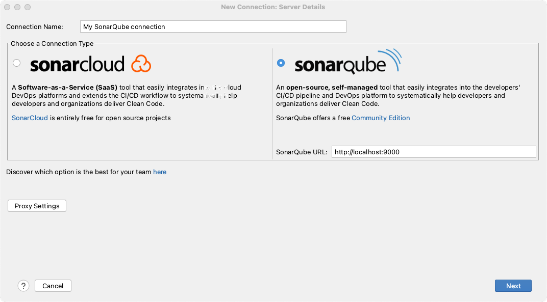 Choose SonarQube and add server details to set up your connection with SonarLint.