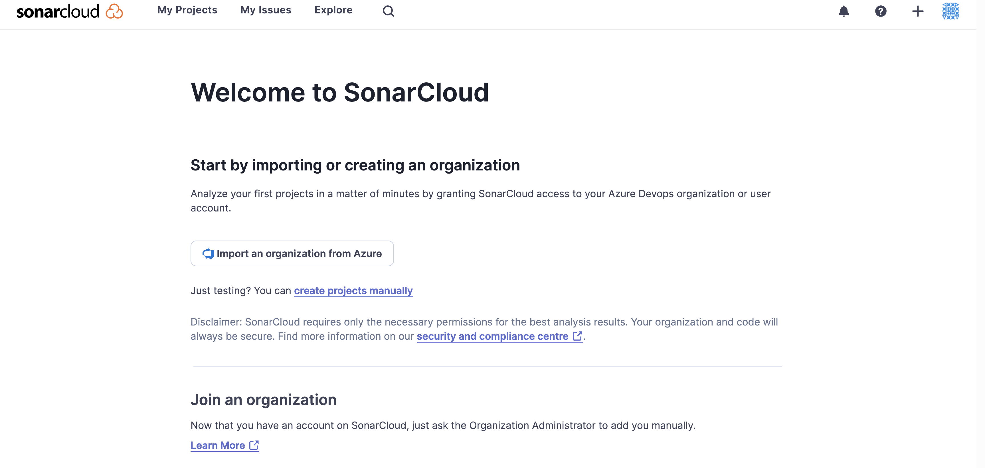 Azure welcome to SonarCloud for the first time.