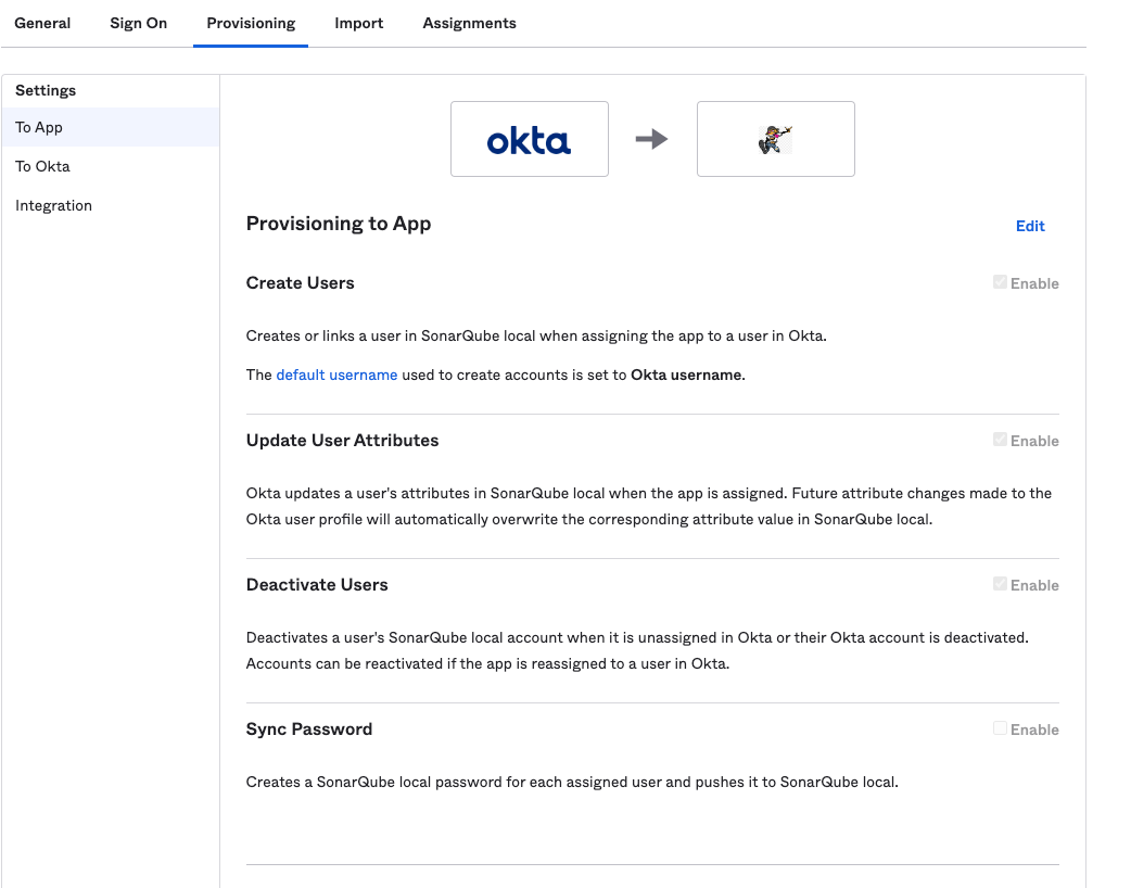 Screenshot of the SCIM Provisioning to App page in Okta. 