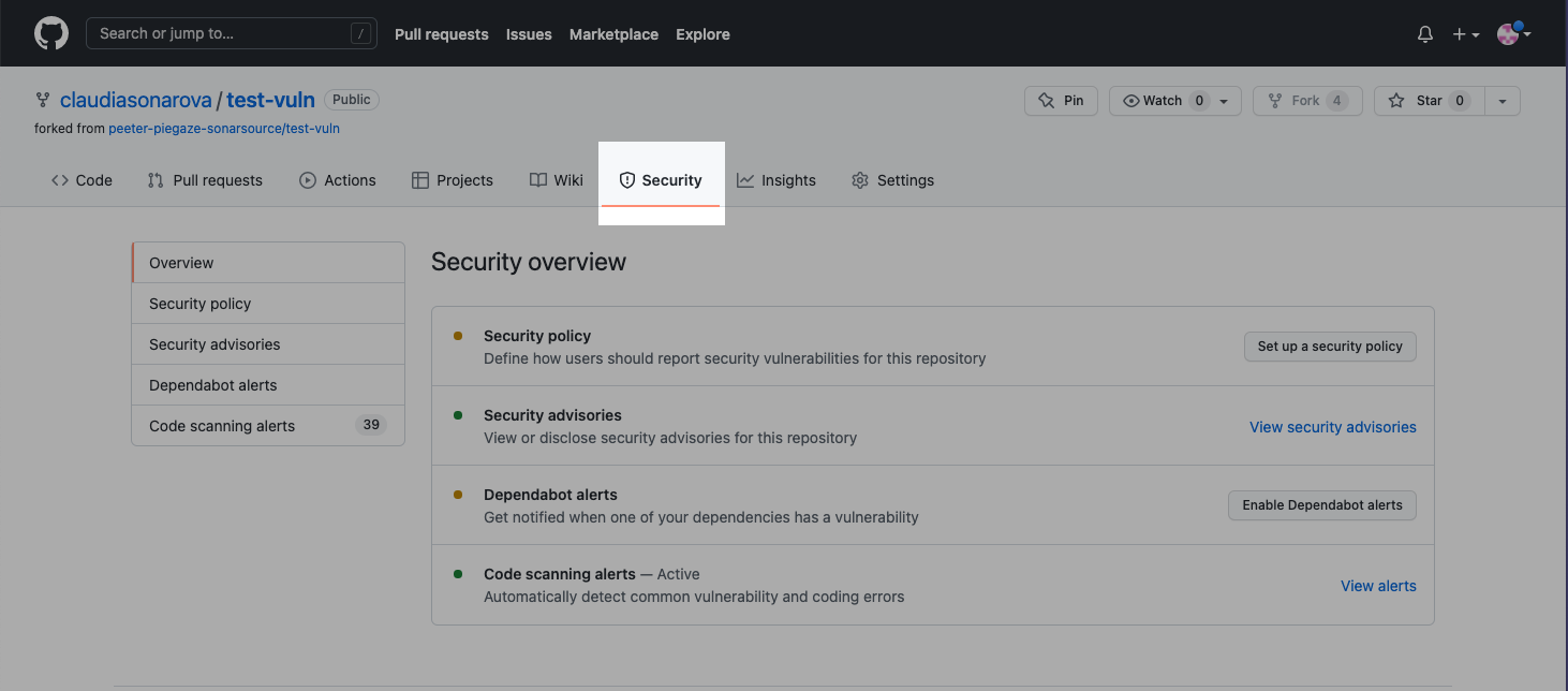 Screenshot that shows where the Security tab is located in GitHub.