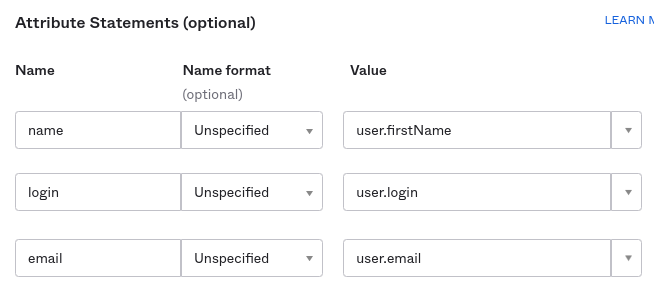 Where to define optional SonarQube user email attributes in Okta.