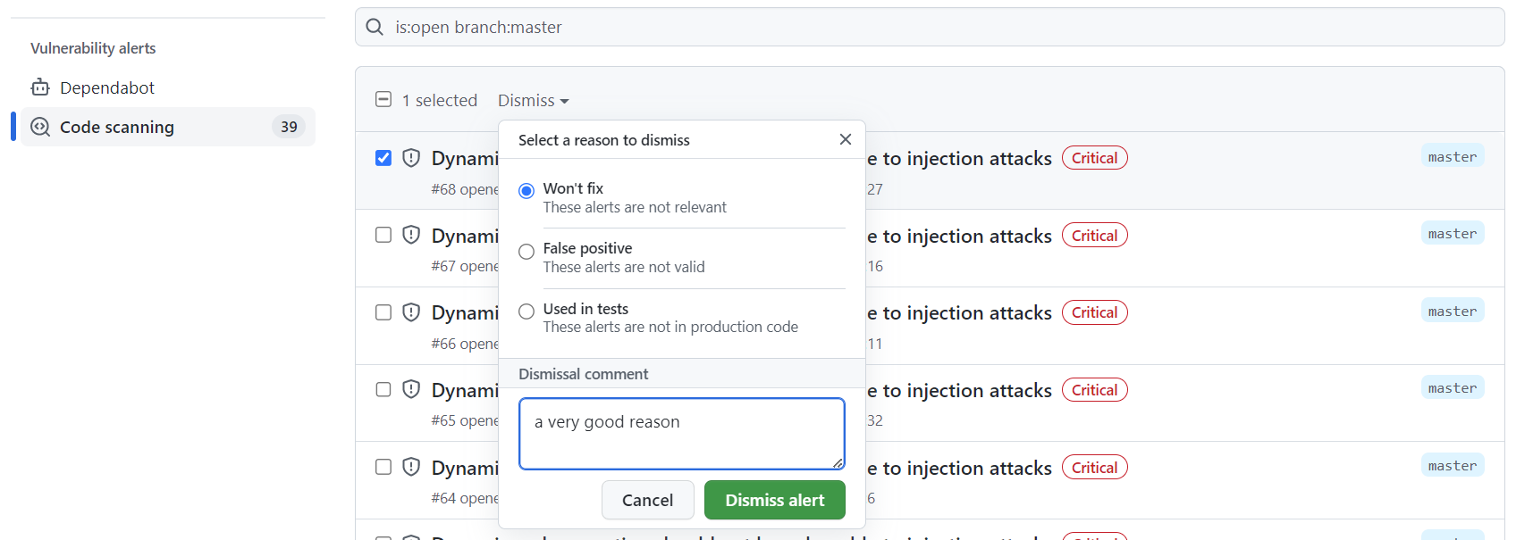 Screenshot of how to resolve a SonarCloud security alert as Won't fix in GitHub.