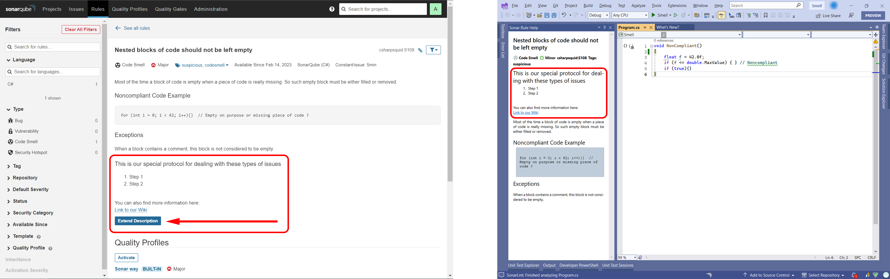 It is possible to write an extended description on the SonarQube or SonarCloud server, and see it in SonarLint.