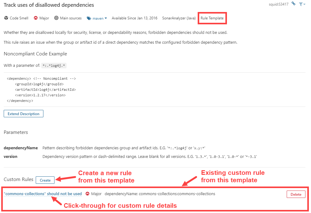 Custom rules can be created from the SonarQube UI using the rule template.